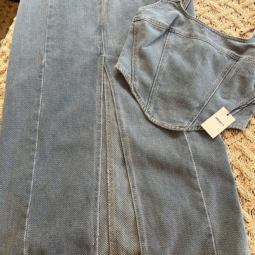 NEW 2pc Forever 21 Denim Crop Top & Skirt Chevron pattern Med Denim Small Medium - Picture 11 of 16